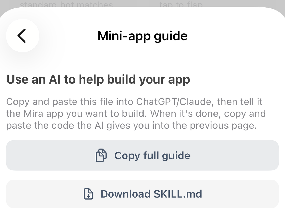 The Mini-app guide with Copy full guide and Download SKILL.md buttons